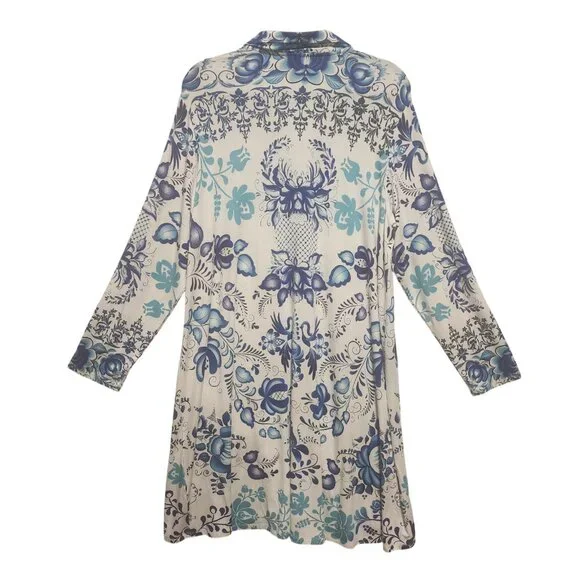 Johnny Was Women White & Blue Tunic Top Bamboo Print Farrow Polo Swing Dress  XL - Picture 4 of 7